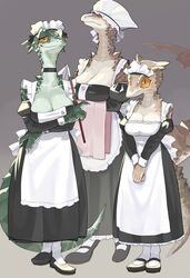 3girls anthro argonian brown_scales choker cleavage countershading crossed_arms eyes_covered female female_only green_scales hi_res kame_3 looking_at_viewer maid maid_headdress maid_uniform narrowed_eyes orange_eyes reptile scales scalie shoes skyrim slit_pupils smiling smiling_at_viewer tail the_elder_scrolls