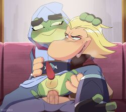 accurate_art_style amphibian anal anthro balls blonde_hair blush bodily_fluids bullfrog_(captain_laserhawk) captain_laserhawk:_a_blood_dragon_remix clothed clothing colored duo erection frog furniture genitals green_skin hi_res hoodie humanoid interspecies kuruko leg_lift male male/male partially_clothed penis rayman rayman_(series) reverse_cowboy_position saliva sofa sweat topwear ubisoft yaoi