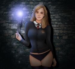 1girls background brick_wall brown_eyes brown_hair button_down_shirt buttons dreamy_eyes eyes fantasy female female_only front_view glowing gryffindor gryffindor_symbol hair happy harry_potter hermione_granger hogwarts human human_only jooyy light light-skinned_female light_skin lips long_hair long_sleeves looking_at_viewer magic magic_user magical_girl necktie neckwear open_eyes panties partially_clothed school school_uniform schoolgirl self_upload shirt smile socks solo solo_female sparkles stockings student thighhighs thighs underwear uniform wand-lighting_charm witch