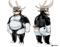 2024 anthro antlers balls belly bulge clothed clothing deer digital_drawing_(artwork) digital_media_(artwork) facial_hair fur genitals hair horn humanoid_genitalia humanoid_penis latex latex_clothing male mammal moustache narrowed_eyes new_world_deer overweight overweight_male penis reindeer solo spunker_(character) spunkerart tail