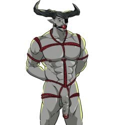 ball_gag balls bara bigbaraboi blush dragon_age dragon_age_inquisition eyepatch facial_hair flaccid grey_body grey_skin hands_behind_back horns iron_bull male male_only medial_ring muscles muscular nude penis qunari rope rope_bondage solo solo_male