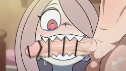 1boy 1boy1girl 1girls animated gigalleta grey_skin hair_over_one_eye little_witch_academia no_sound oral pale_skin penis_in_mouth shark_teeth tagme video