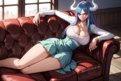 1girls ai_generated bare_legs big_breasts boob_window breasts_bigger_than_head clothed clothing color female female_focus female_only hi_res horns large_breasts long_hair looking_at_viewer mask multicolored_hair on_sofa one_piece pink_eyes senotakai_ai shounen_jump sitting sitting_on_lap sofa solo solo_female tagme thick_thighs ulti_(one_piece)