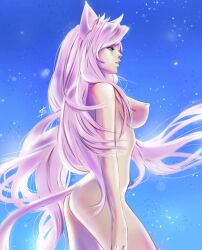 animal_ears ass bad_id bad_pixiv_id bakemonogatari black_hanekawa blue_background breasts cat_ears cat_girl cat_tail commentary female hanekawa_tsubasa large_breasts long_hair monogatari_(series) nipples nude open_mouth solo standing tail tatti_art very_long_hair white_hair yellow_eyes