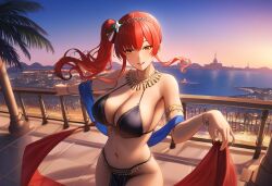 arabian arabian_clothes azur_lane balcony breasts dancer dancer_outfit dancing harem_outfit looking_at_viewer revealing_clothes rooftop sea smile smiling zara_(azur_lane)