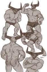 1boy ass balls bara bulge crossed_arms dragon_age dragon_age_inquisition eyepatch facial_hair flexing gay grey_body grey_skin horns iron_bull male male_only monochrome muscles muscular penis qunari solo solo_male syberfox underwear