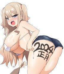 2024 bikini_top blonde_hair blue_eyes from_behind kousaka_airi_(bebebe) large_breasts looking_back manabebebe paddle shorts shortstack thick_thighs underboob writing_on_body