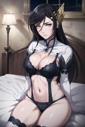 ai_generated bed bedroom bedroom_sex black_bra black_hair black_panties bra brunhild_(shuumatsu_no_valkyrie) female female_focus female_only green_eyes hair_between_eyes hair_ornament head_tilt imminent_rape imminent_sex looking_at_viewer looking_up lying_on_back lying_on_bed naughty_face partially_clothed partially_nude seductive seductive_eyes seductive_look seductive_mouth seductive_pose shuumatsu_no_valkyrie sleeping solo solo_female solo_focus stable_diffusion