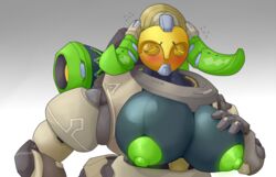 1girls 2d big_breasts blizzard_entertainment breasts centaur embarrassed female female_focus female_only female_solo front_view glowing_nipples hand_on_breast horns huge_breasts humanoid large_areolae large_breasts looking_away orisa overwatch plain_background presenting puffy_nipples robot robot_girl simple_background solo solo_female thiccrobots