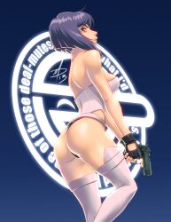 1girls ass bare_shoulders belt blue_background breasts commentary cyborg english_commentary female fingerless_gloves ghost_in_the_shell gloves gun handgun kusanagi_motoko large_breasts leotard light-skinned_female light_skin photoshop_(medium) polarityplus purple_hair red_eyes short_hair solo thighhighs thong_leotard trigger_discipline weapon white_thighhighs