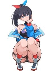 1girls adult_swim big_thighs black_hair blue_eyes bow jacket looking_at_viewer ponytail rakeemspoon short_shorts solo solo_female solo_focus squatting ssss.gridman takarada_rikka thick thick_thighs thigh_bulge thighs toonami upskirt voluptuous voluptuous_female white_background wide_hips