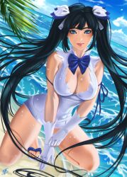 bad_id bad_pixiv_id beach blue_bow blue_eyes bow breasts cloud collarbone day dungeon_ni_deai_wo_motomeru_no_wa_machigatteiru_darou_ka female flip-flops gloves hestia_(danmachi) kneeling large_breasts lips long_hair looking_at_viewer navel outdoors sandals sky solo tatti_art twintails very_long_hair water