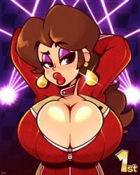 1girls arms_behind_head big_breasts blue_eyes breasts brown_hair cleavage clothed clothing curvy earrings female female_only jumpsuit large_breasts legendofnerd long_hair mario_(series) mario_kart nintendo pauline pauline_(mario) puckered_lips purple_eyeshadow solo thick_lips tight_clothing top_heavy zipper