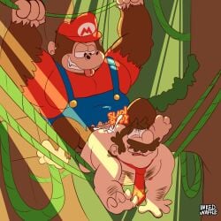 alternate_costume anal anal_sex anthro bodily_fluids body_hair chest_hair chubby_cheeks chubby_male clothing clothing_swap cum cum_in_ass cum_inside donkey_kong donkey_kong_(series) duo ejaculation erection gay gay_sex genital_fluids genitals hairy_arms hi_res human inked-waffle kong male male/male male_only mammal mario mario_(series) mostly_nude muscular muscular_male necktie necktie_only nintendo nude nude_male penetration penis primate sex torn_clothing