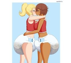 2futas blonde_hair brown_hair bulge closed_eyes dark-skinned_futanari dark_skin diaper diaper_futa diaper_scat erection erection_in_diaper erection_under_clothes erection_under_diaper futa_on_futa futa_only futanari kissing messy_diaper scat soiling sparkles73 tenting used_diaper