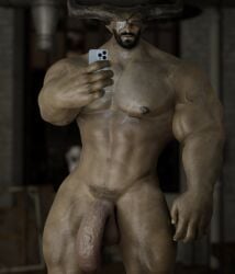 3d 3d_(artwork) balls bara big_penis dragon_age dragon_age_inquisition eyepatch facial_hair flaccid grey_body grey_skin horns iron_bull male male_only muscles muscular nude penis phone qunari solo solo_male voluox