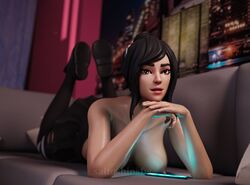 1girls 3d black_hair black_nails black_skirt black_stockings breasts brown_eyes eyebrows eyelashes eyeshadow feet_up female female_only fortnite fortnite:_battle_royale laying_down looking_at_viewer nail_polish nipples saitoshinsfw short_hair skirt solo solo_female straight topless tsuki_(fortnite)