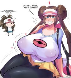 2girls areolae big_breasts big_nipples blue_eyes breast_envy breast_size_difference breasts brown_hair clothed dialogue english_text erect_nipples female female_only game_freak gritted_teeth hat heart hilda_(pokemon) huge_breasts light-skinned_female light_skin long_hair massive_breasts multiple_girls nintendo nipple_bulge nipples_visible_through_clothing pinkkoffin pokemon pokemon_bw pokemon_bw2 ponytail puffy_nipples rosa_(pokemon) skirt small_breasts tight_clothes tight_clothing tight_pants twin_buns twintails yellow_skirt