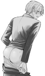 ass big_ass blush bubble_butt business_suit butt_crack embarrassed looking_at_viewer looking_back male male_only monochrome namedori one_piece pants_down pre-timeskip solo suit sweat undressing vinsmoke_sanji