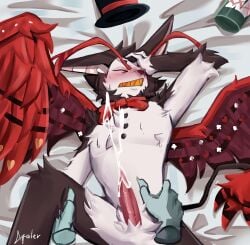 bed blush closed_eyes cum gay hazbin_hotel husk_(hazbin_hotel) looking_pleasured male_only tagme unknown_character