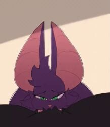 2023 animated anthro balls bat big_breasts blazethefox bodily_fluids breast_rest breasts deep_throat duo facial_tuft fellatio female fur genitals green_eyes lacy_(blazethefox) long_tongue loop male male/female mammal nude oral penile penis purple_body purple_fur saliva saliva_on_penis saliva_on_tongue sex tongue tongue_around_penis tongue_out tongue_wrap tonguejob wide_hips