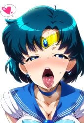 ahegao ahegao_face ai_generated ami_mizuno big_breasts bishoujo_senshi_sailor_moon cleavage clothing deko large_breasts looking_at_viewer open_mouth ready_for_oral_sex sailor_mercury saliva saliva_string sweat tongue_out white_background