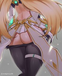 1girls 2021 artist_signature ass back back_view blonde_hair condylonucla female female_focus female_only hi_res huge_ass leggings long_hair mythra nintendo no_panties no_underwear sheer_legwear simple_background thigh_strap tight_clothing tight_fit tights undressing xenoblade_(series) xenoblade_chronicles_2