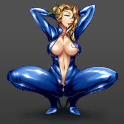 1girls 2015 aozoraichi arms_behind_head arms_up big_breasts blonde_hair blue_bodysuit bodysuit breasts bursting_breasts center_opening cleavage female female_only grey_background hair_bun hair_ornament high_heels hourglass_figure legs_apart legs_spread licking_lips light-skinned_female light_skin looking_at_viewer nancy_lee ninja_slayer no_bra open_bodysuit open_clothes seductive_pose shiny_skin showing_breasts skin_tight smile smiling_at_viewer squatting teasing thick thick_breasts thick_thighs tight_clothes tight_clothing tongue tongue_out unzipped unzipped_bodysuit voluptuous voluptuous_female wide_hips zipper zipper_down zipper_pull_tab