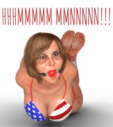 3d american_flag_bikini angry ball_gag beach bikini bondage brown_hair daz3d drooling gag gagged hogtie milf shades tanned tanned_skin tikka wrinkled_feet