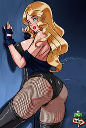 7th-heaven ass big_ass big_breasts big_hair black_canary black_gloves black_leotard blonde_hair blue_eyes dc dc_comics dinah_lance fingerless_gloves fishnets gloves green_arrow_(series) jacket leotard looking_at_viewer red_lipstick thick_thighs wavy_hair