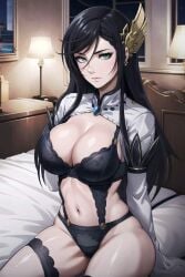 abs ai_generated bed bedroom bedroom_sex black_bra black_hair black_panties bra brunhild_(shuumatsu_no_valkyrie) female female_focus female_only green_eyes hair_between_eyes hair_ornament head_tilt imminent_rape imminent_sex looking_at_viewer looking_up lying_on_back lying_on_bed naughty_face partially_clothed partially_nude seductive seductive_eyes seductive_look seductive_mouth seductive_pose shuumatsu_no_valkyrie sleeping solo solo_female solo_focus stable_diffusion toned toned_body toned_female toned_stomach