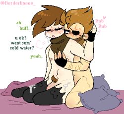 2boys after_sex aftercare arm_hair artist_name blue_eyes borderlineee brown_hair cat_thighighs closed_eyes cum cum_on_face cum_on_thighhighs cum_on_thighs dark_brown_hair dialogue duo duo_focus edd_(eddsworld) eddsworld eyepatch fingerless_gloves gay mostly_nude mostly_nude_male nipples on_bed on_bedding pillow pillows pubes pubic_hair scar scar_across_eye scar_on_face scars scars_all_over scars_on_body slightly_open_mouth sweat sweating tagme tan_body tan_skin tom_(eddsworld) wholesome