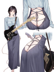 1girls absurd_res ass ass_cleavage backless_outfit blue_skirt butt_crack female fender_(brand) fender_stratocaster guitar guitar_little_sister_(hitomi_o) highres hitomi_o instrument long_hair long_skirt looking_at_viewer oc original original_character skirt tagme