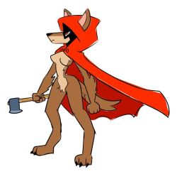 1girls ax axe breasts brown_fur fluffy_tail fur furry furry_only hind_legs humanoid little_red_riding_hood little_red_riding_hood_(copyright) little_red_riding_hood_(cosplay) naked naked_female no_clothes normal_breasts nude nude_female red_cape red_eyes red_hood red_riding_hood solo solo_female solo_focus underbelly werewolf white_background white_underbelly wolf_ears wolf_girl wolf_humanoid wolf_tail xierra099