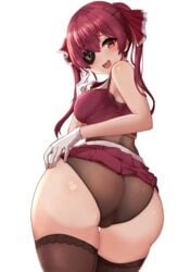 1girls 2021 absurdres ascot ass ass_focus blush breasts brown_legwear clothes_lift crop_top eyepatch female female_focus female_only gloves hand_on_hip hand_on_own_face hand_up highres hololive hololive_fantasy hololive_japan houshou_marine kihou_no_gotoku_dmc lace-trimmed_legwear lace_trim large_breasts leotard leotard_under_clothes long_hair looking_at_viewer no_hat no_headwear no_jacket open_mouth red_eyes red_hair sheer_leotard shirt skirt skirt_lift sleeveless sleeveless_shirt smile solo stenciled_rose thick_thighs thighhighs thighs translucent translucent_clothing translucent_leotard twintails virtual_youtuber white_background white_gloves