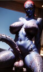 ai_generated blue_skin futanari huge_ass huge_boobs huge_cock jaconicon long_penis marvel marvel_comics mystique red_hair solo_futa tagme x-men