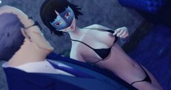 3d arm_grab bikini black_bikini black_hair breasts_exposed brown_eyes happy looking_at_viewer makoto_niijima mask partially_nude persona persona_5 rbf7