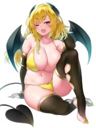 1girls 2020 ;d bangs bikini black_gloves black_legwear blonde_hair blush breasts bridal_gauntlets bridal_legwear cleavage clothing_cutout collarbone demon_girl demon_horns demon_tail demon_wings elbow_gloves eyebrows_visible_through_hair female female_focus female_only fingernails gloves heart_cutout highres horns large_breasts looking_at_viewer navel one_eye_closed open_mouth original plump sharp_fingernails sharp_toenails short_hair simple_background smile solo solo_female succubus suruga_(xsurugax) swimsuit tail thick_eyebrows thighhighs toenails white_background wings yellow_bikini yellow_eyes