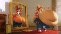 3d_(artwork) activision anthro ass ass_cleavage belly big_belly big_butt bottomwear bottomwear_down butt_crack clothed clothing coco_bandicoot crash_(series) denim dialogue digital_media_(artwork) female hi_res huge_belly huge_butt hyper hyper_belly invalid_tag mirror overalls overweight pants pants_down partially_clothed pestilad shirt solo topwear