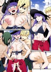 3boys ao_banana beach blue_eyes breast_grab breasts cleft_of_venus colorized fate/grand_order fate_(series) female hat highres huge_breasts light-skinned_female light-skinned_male light_skin multiple_boys nipple_slip nipples no_panties pubic_hair purple_hair pussy pussy_juice saint_martha saint_martha_(swimsuit_ruler) swimsuit third-party_edit