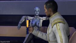 1boy 1boy1girl 1girls 3d 3d_model alien alien/human alien_girl alien_humanoid alien_look_like_human bioware blue_eyes blue_skin breasts breasts_out clothed clothing commander_shepard female human liara_t'soni looking_at_another male maleshep mass_effect medium_breasts raptor4d4 seducing seductive seductive_eyes seductive_look seductive_pose seductive_smile smile smiling talking talking_to_another talking_to_partner