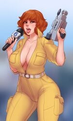 1girls 80s_hair april_o'neil april_o'neil_(tmnt_1987) big_breasts breasts brown_hair cleavage curvy female_only fizzz fully_clothed microphone no_bra pale_skin partially_unzipped tongue_out yellow_jumpsuit