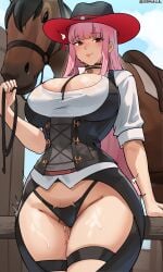 1animal 1girls breasts cowboy_hat cowgirl cromwellb cum_in_mouth female hat hi_res hololive hololive_english hololive_myth horse huge_breasts implied_bestiality implied_fellatio implied_sex implied_zoophilia interspecies long_hair mori_calliope mori_calliope_(sheriff) panties pink_eyes pink_hair sweat sweaty_body thick_thighs virtual_youtuber wide_hips zoophilia