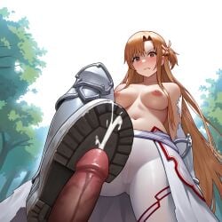 1boy 1girls ai_generated bootjob boots defeated_hero femdom footjob male_pov novelai nsfwworks.ia pov shoejob smile stable_diffusion stepped_on sword sword_art_online trample yuuki_asuna