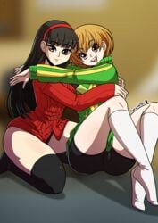 2girls amagi_yukiko asian bangs black_hair blurred_background blurry_background brown_eyes brown_hair brunette dark_hair duo eyebrows_visible_through_hair female female_only headband human jacket japanese kinkymation kneehighs light-skinned_female light_skin long_hair long_sleeves only_female outerwear pale pale-skinned_female pale_skin persona persona_4 satonaka_chie short_hair shorts socks sportswear thighhighs topwear track_jacket yuri