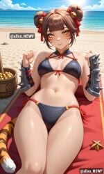 ai ai_art ai_generated alixx_nswf beach big_breasts bikini breasts brown_hair mlbb mobile_legends mobile_legends:_bang_bang sexy sexy_pose tiger wanwan_(mobile_legends)