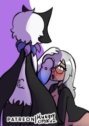 anthro blush bodily_fluids breasts cape cleavage clothed clothing cock_in_face dark_legs duo erection eyewear female flower_(anatomy) flower_necklace fur generation_9_pokemon genital_fluids genitals glasses glasses_on_face grey_body grey_fur hair half-closed_eyes hand_on_head hi_res human hungryotaku2 janet_(trainer) long_hair male male/female mammal mask masquerade_mask meowscarada narrowed_eyes neos_(meowscarada) nintendo nubbed_penis open_mouth penile_spines penis penis_in_face petals pokemon pokemon_(species) pokemon_sv pokemon_trainer precum precum_on_face pussy silver_hair tail tongue tongue_out