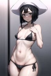 ai_generated bikini_top bra breasts female female_focus female_only glasses hat looking_at_viewer micro_bikini nervous nervous_face reginleif_(shuumatsu_no_valkyrie) shuumatsu_no_valkyrie small_breasts solo solo_female solo_focus stable_diffusion