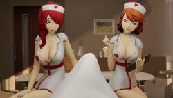 1boy 2girls 3d brown_eyes brown_hair erect_penis erection huge_breasts mitsuru_kirijo nurse nurse_uniform persona persona_3 pov rbf7 red_eyes sitting_on_bed yukari_takeba