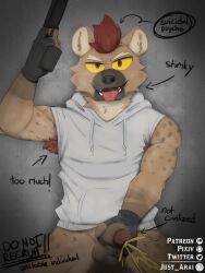 1boy 5_fingers anthro armpit_hair balls bodily_fluids body_hair brown_body brown_fur clothed clothing digital_media_(artwork) english_text erection fingers fur genital_fluids genitals gun hair handgun hi_res holding_gun holding_object holding_weapon humanoid_genitalia humanoid_penis hyena just_arai looking_at_viewer male male_only mammal musk musk_clouds open_mouth peeing penis pistol ranged_weapon red_hair sleeveless_shirt smile solo spotted_hyena standing tail text tongue tongue_out topwear urine urine_stream watersports weapon